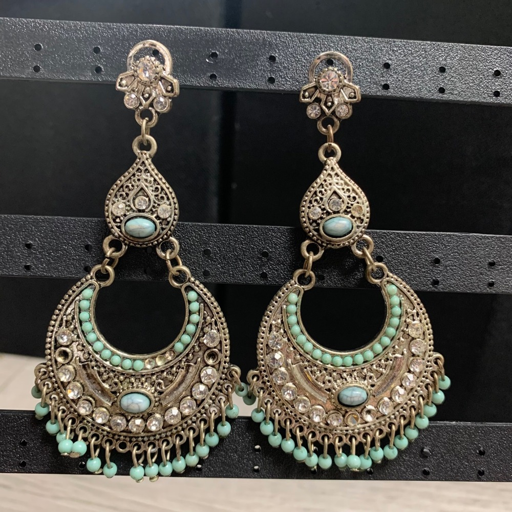 Boho Silver Turquoise Rhinestone Chandelier Drop Earrings Crescent Statement